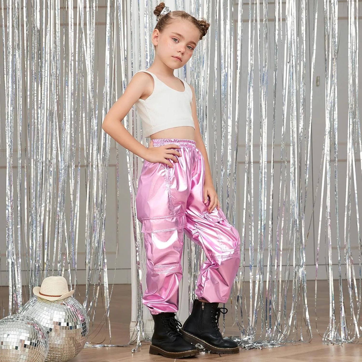 Perfashion Metallic Cargo Pants for Girls Hip Hop Dance Multi-Pocket Joggers High Waist Pants 6-15Y