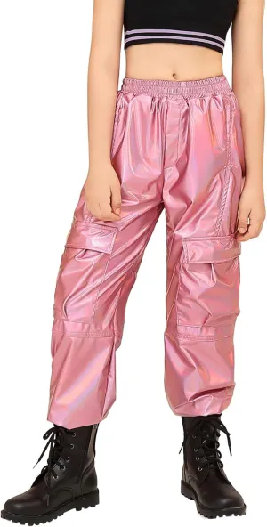 Perfashion Metallic Cargo Pants for Girls Hip Hop Dance Multi-Pocket Joggers High Waist Pants 6-15Y