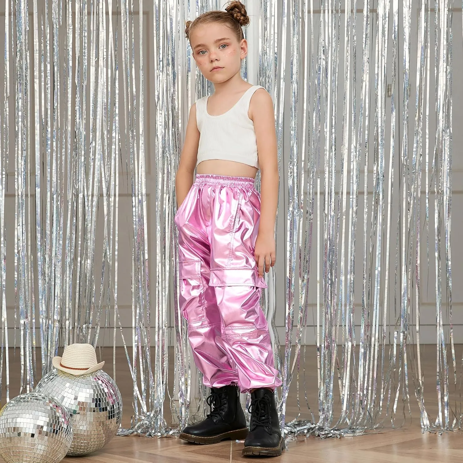Perfashion Metallic Cargo Pants for Girls Hip Hop Dance Multi-Pocket Joggers High Waist Pants 6-15Y