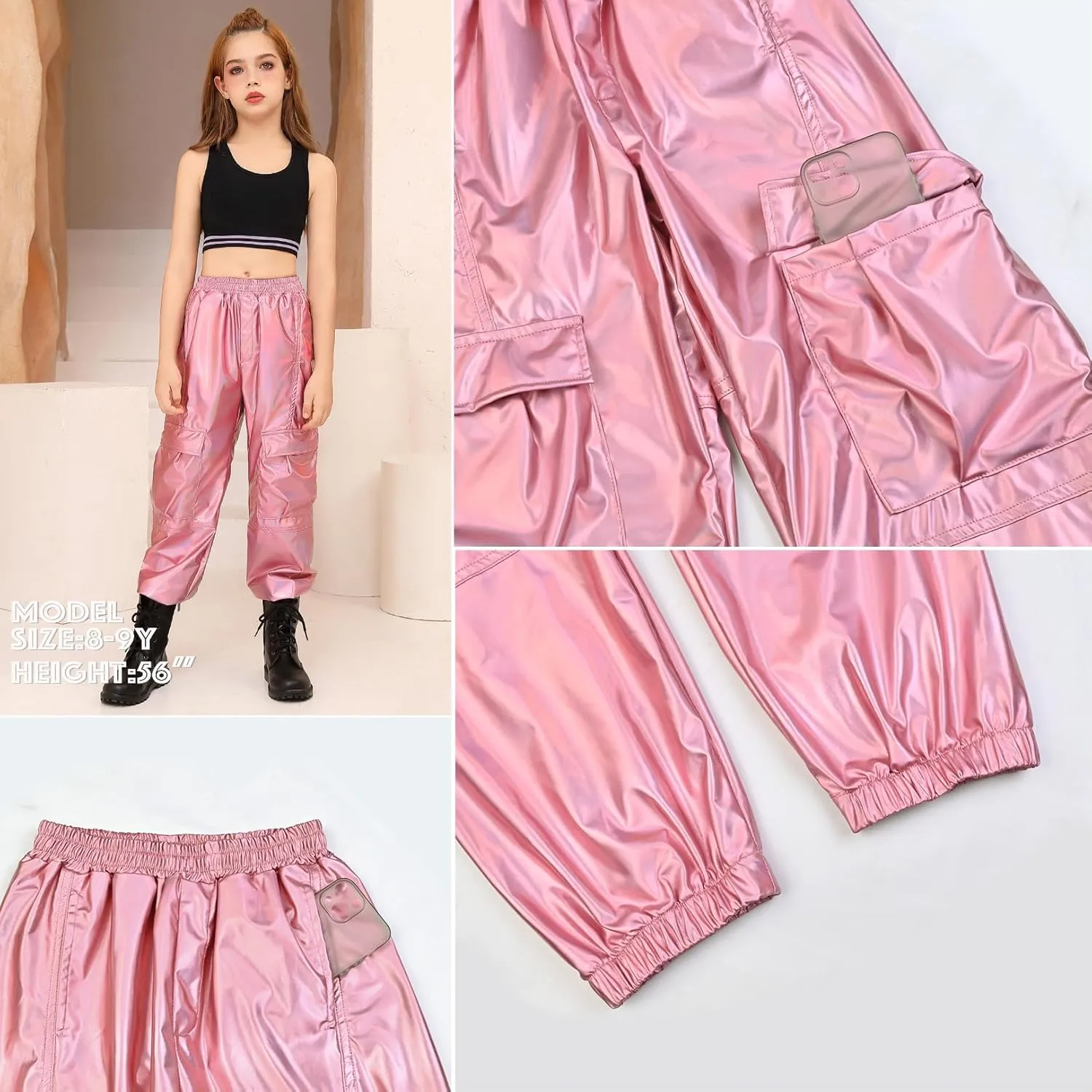 Perfashion Metallic Cargo Pants for Girls Hip Hop Dance Multi-Pocket Joggers High Waist Pants 6-15Y