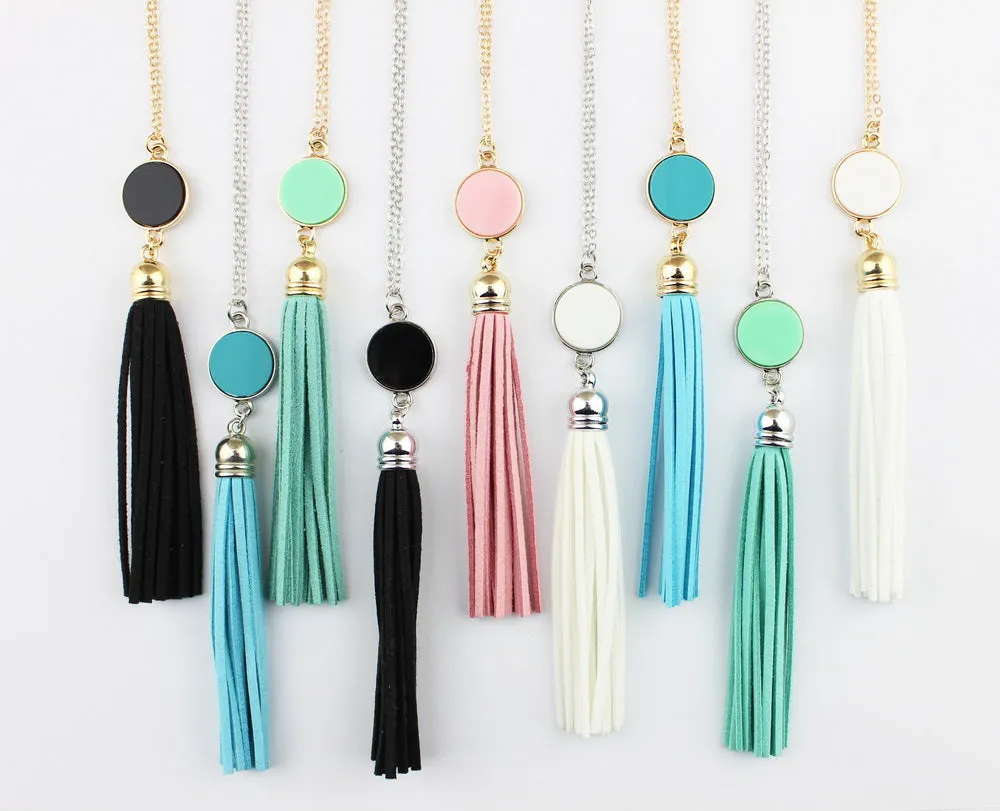 Personalized Initial Monogram Blanks Acrylic Disc Velvet Tassel Long Chain Pendant Necklaces for Custom Women Jewelry Mint Aqua
