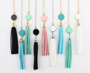 Personalized Initial Monogram Blanks Acrylic Disc Velvet Tassel Long Chain Pendant Necklaces for Custom Women Jewelry Mint Aqua