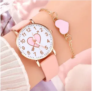 Pink Heart Faux Leather Wrist Watch with Bracelet