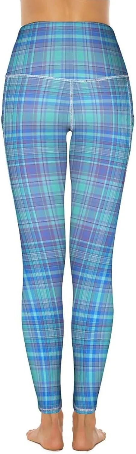 Plaid Women Leggings High Waist Yoga Pants with Pockets for Women Tummy Control Workout Trousers