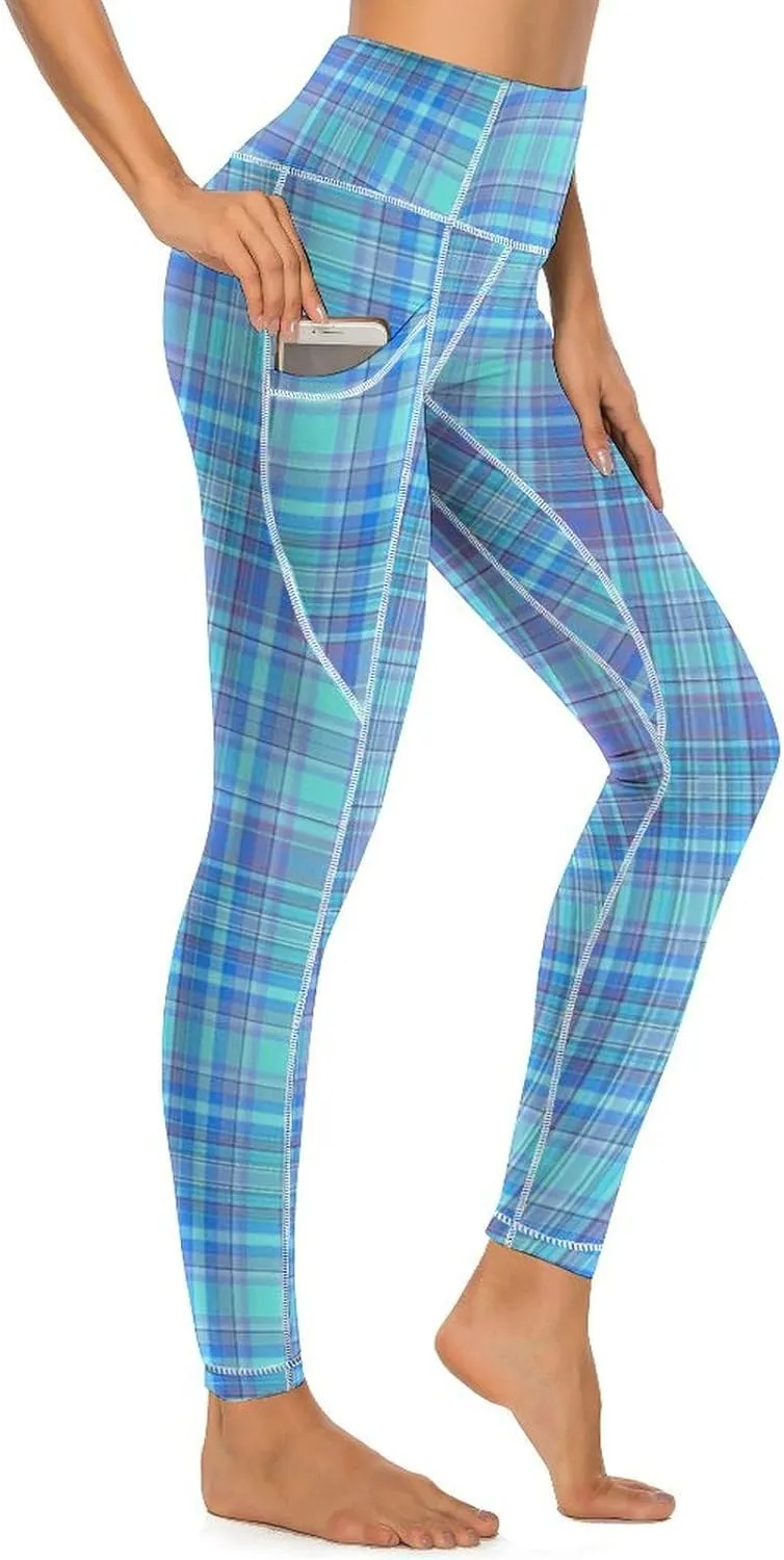 Plaid Women Leggings High Waist Yoga Pants with Pockets for Women Tummy Control Workout Trousers