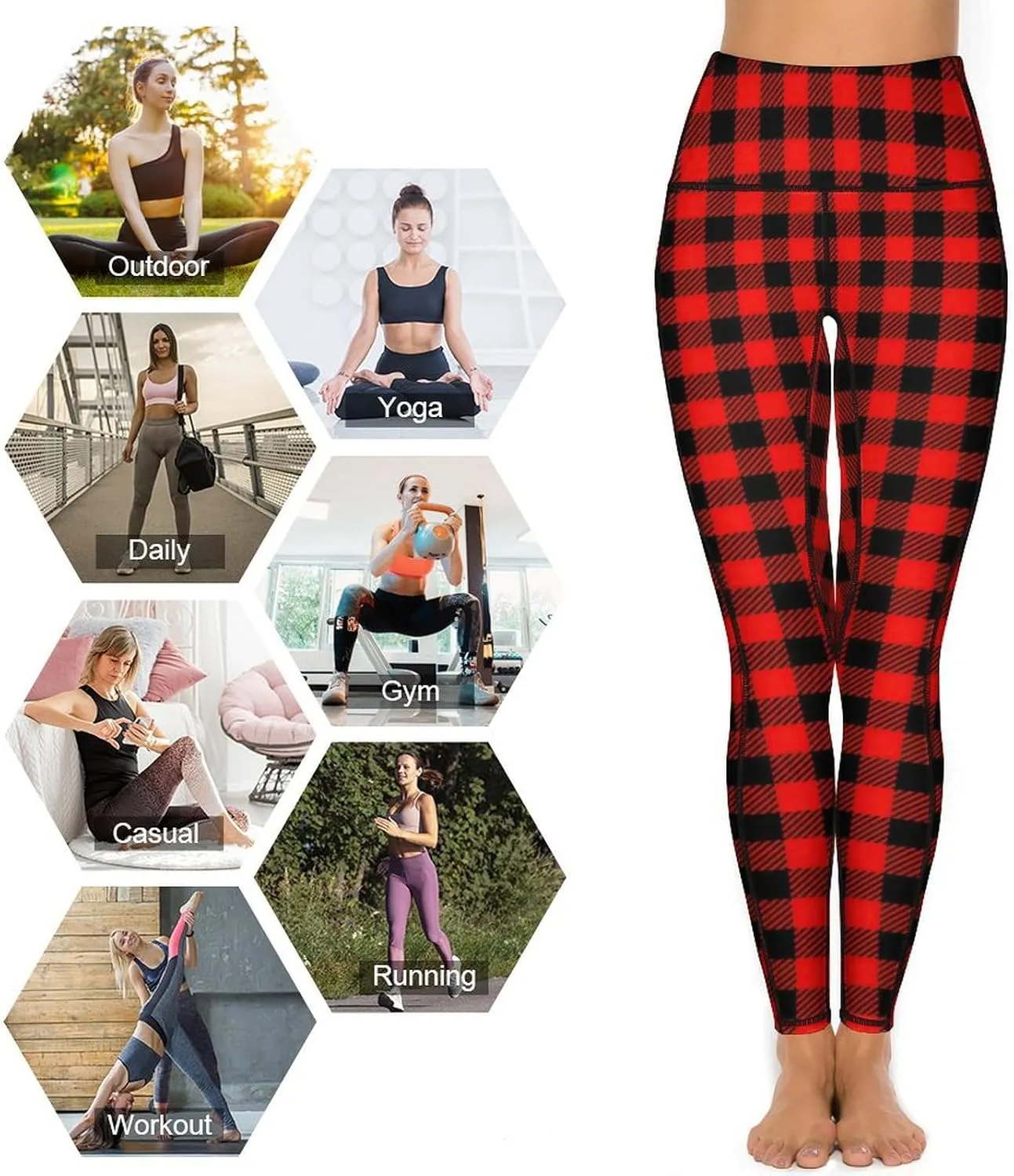 Plaid Women Leggings High Waist Yoga Pants with Pockets for Women Tummy Control Workout Trousers