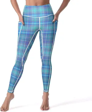 Plaid Women Leggings High Waist Yoga Pants with Pockets for Women Tummy Control Workout Trousers