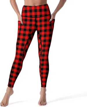 Plaid Women Leggings High Waist Yoga Pants with Pockets for Women Tummy Control Workout Trousers