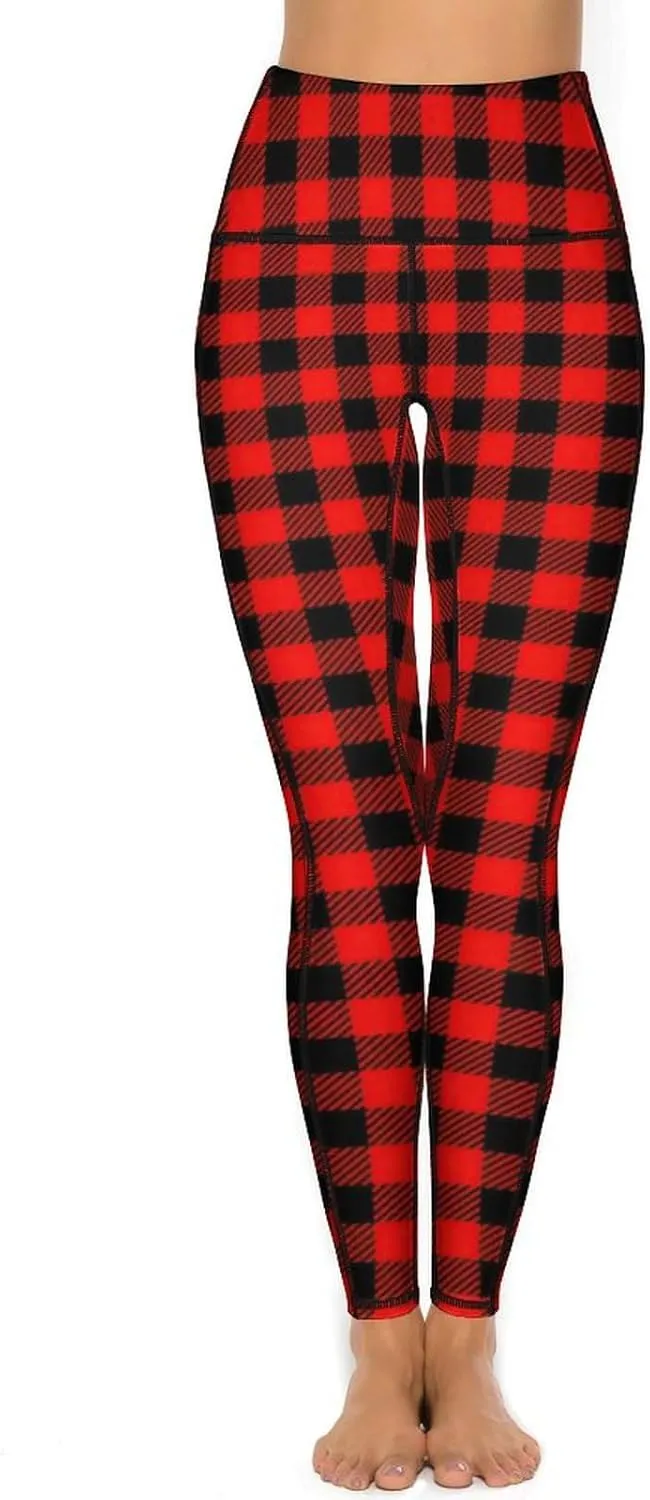 Plaid Women Leggings High Waist Yoga Pants with Pockets for Women Tummy Control Workout Trousers