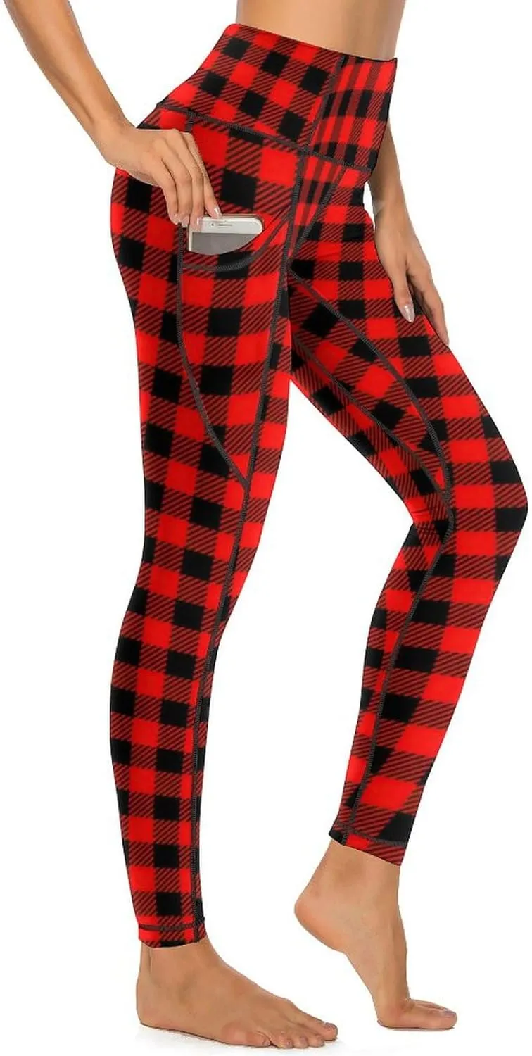 Plaid Women Leggings High Waist Yoga Pants with Pockets for Women Tummy Control Workout Trousers