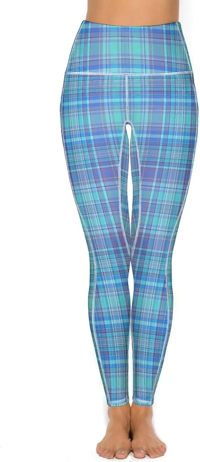 Plaid Women Leggings High Waist Yoga Pants with Pockets for Women Tummy Control Workout Trousers