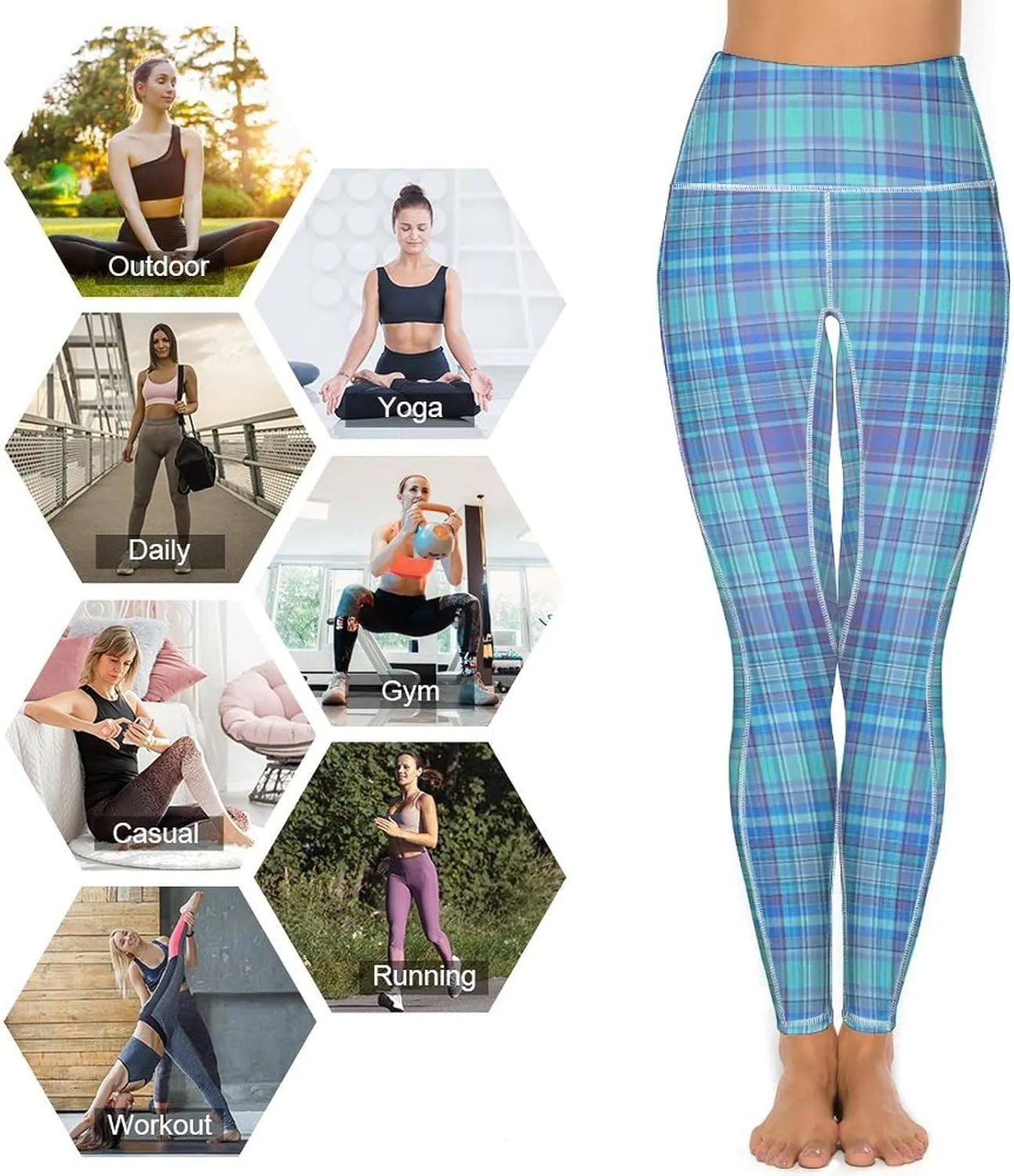 Plaid Women Leggings High Waist Yoga Pants with Pockets for Women Tummy Control Workout Trousers