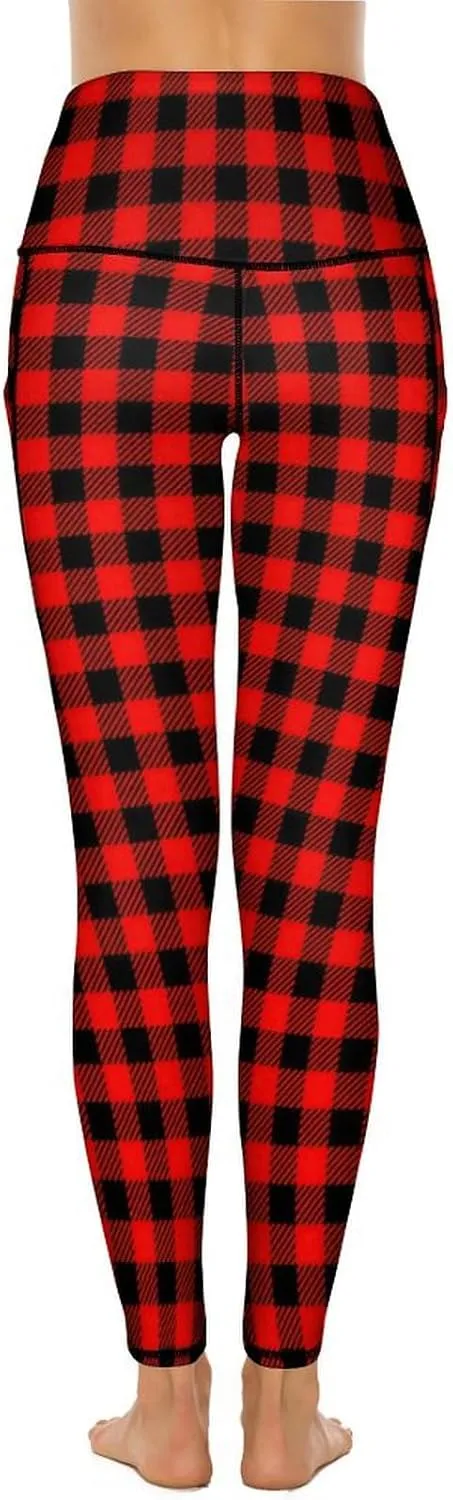 Plaid Women Leggings High Waist Yoga Pants with Pockets for Women Tummy Control Workout Trousers