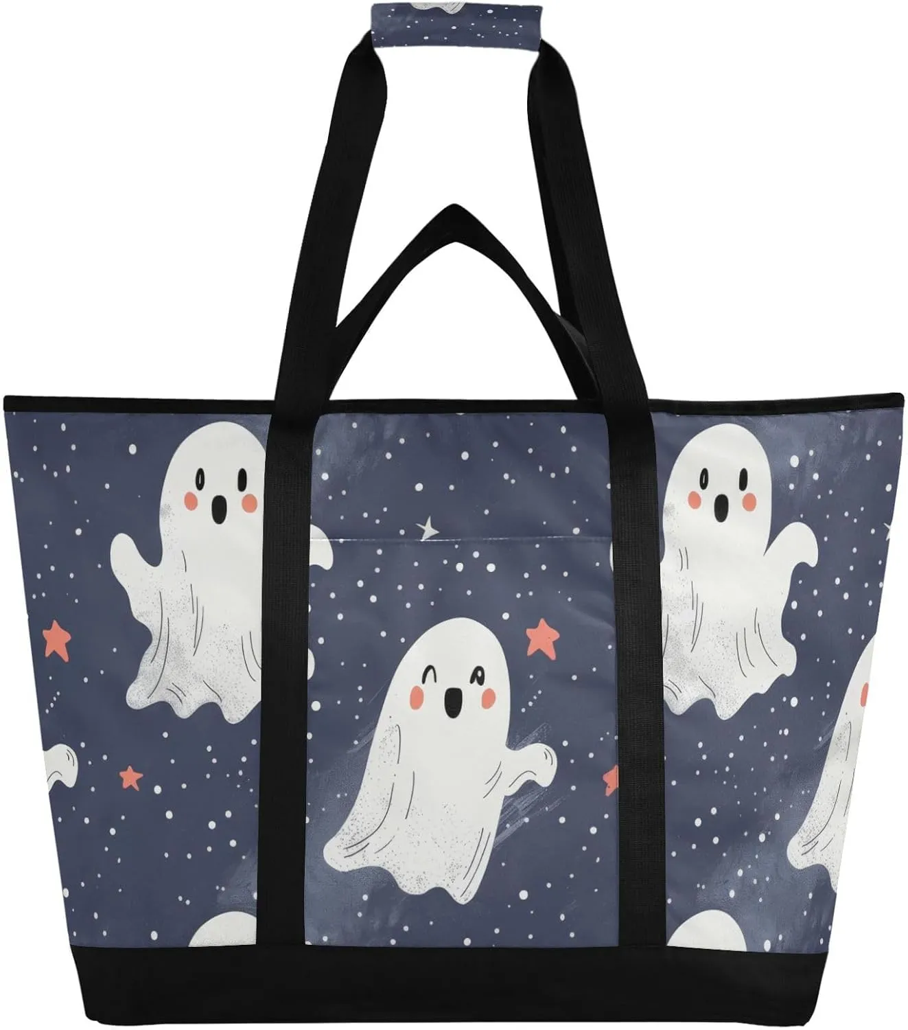Playful Cartoon Halloween Large Insulated Reusable Tote Bag for Grocery Shopping for Women Men, Cooler Bag with Zippered Top & Handles for Travel Beach Picnic
