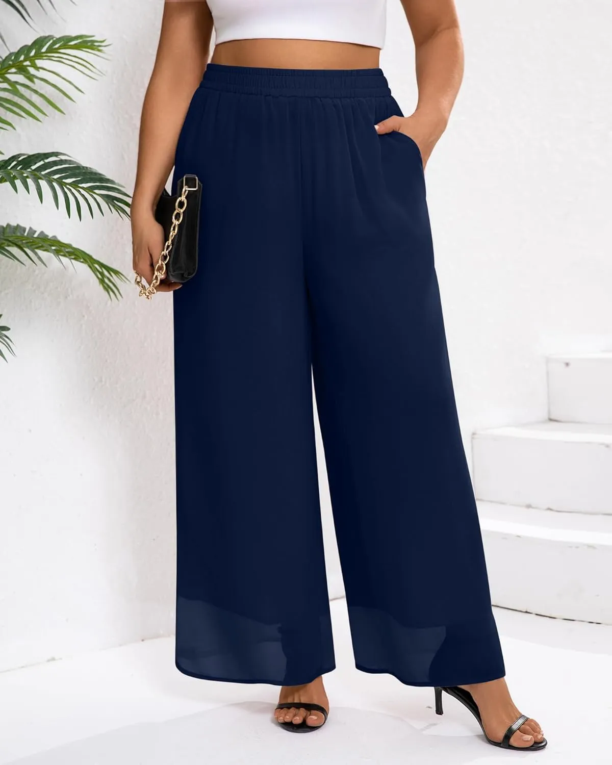 Plus Size Women's Chiffon Wide Leg Pant Flowy Palazoo Pant Loose Fit High Waisted Trouser for Ladies