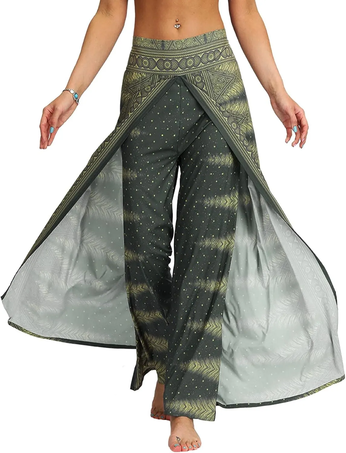 PNKJ Womens Slit Wide Leg Pants-Casual Hippie Bohemian Pilate Beach Boho Baggy Yoga Pants