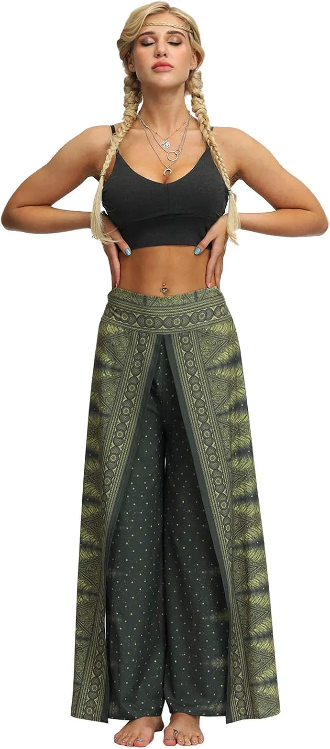PNKJ Womens Slit Wide Leg Pants-Casual Hippie Bohemian Pilate Beach Boho Baggy Yoga Pants