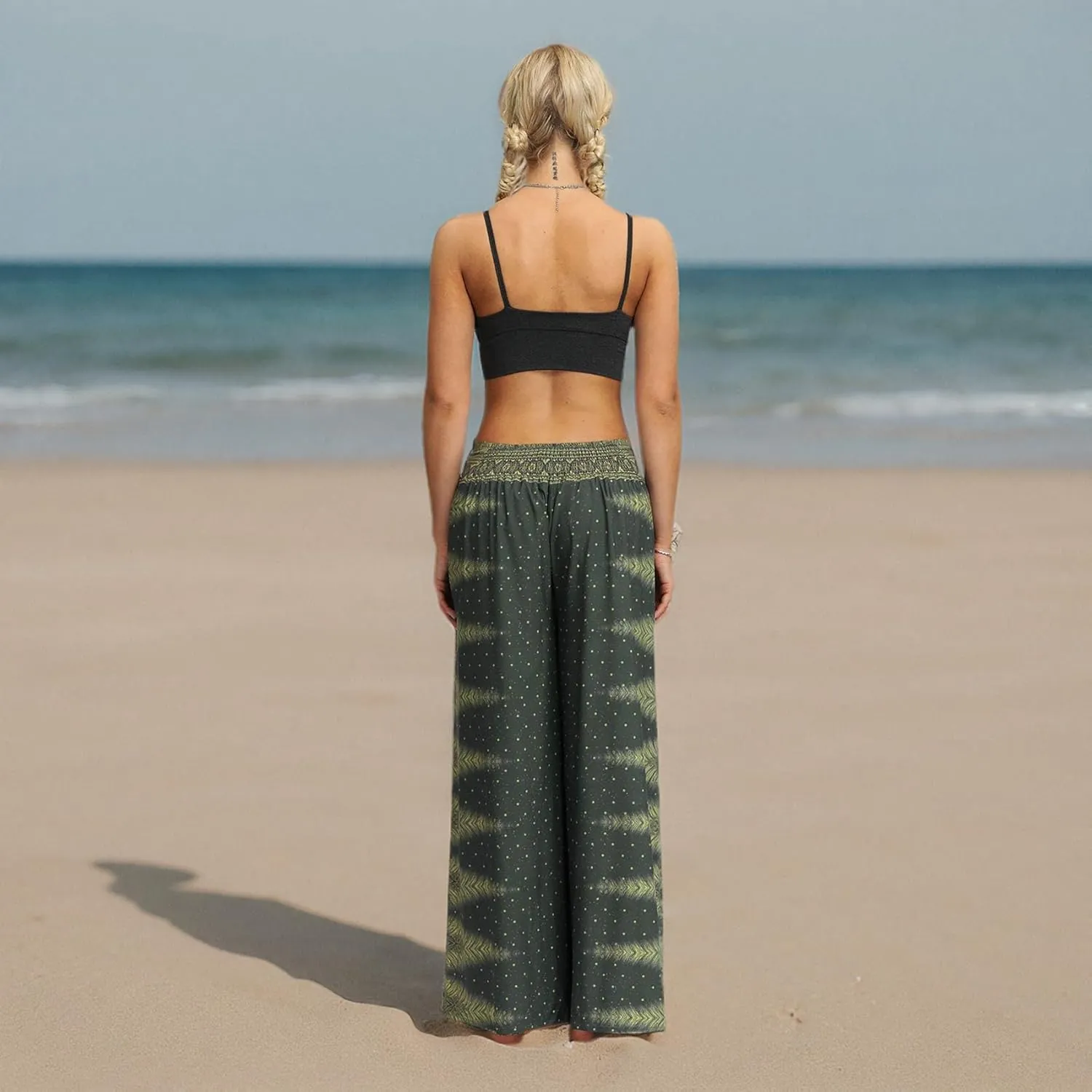 PNKJ Womens Slit Wide Leg Pants-Casual Hippie Bohemian Pilate Beach Boho Baggy Yoga Pants
