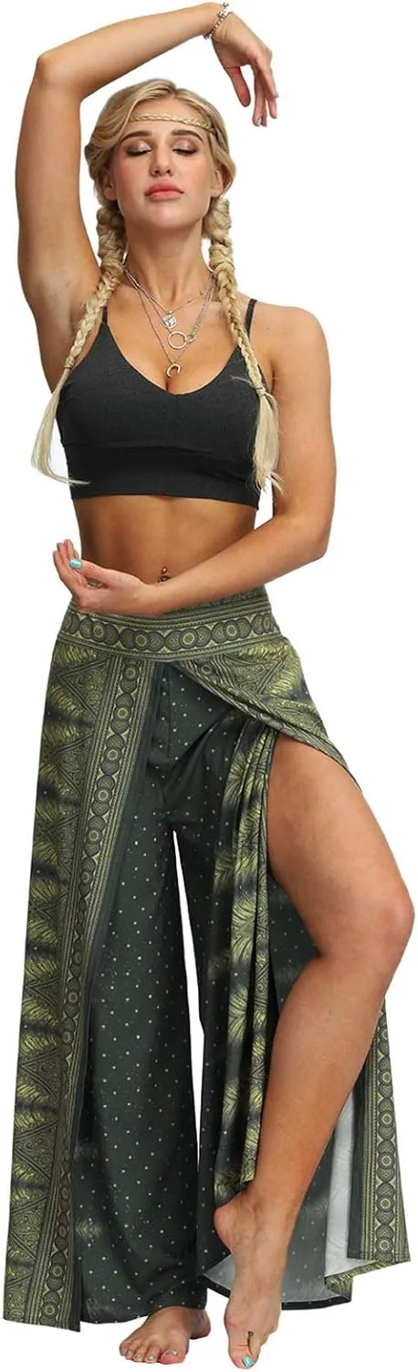 PNKJ Womens Slit Wide Leg Pants-Casual Hippie Bohemian Pilate Beach Boho Baggy Yoga Pants