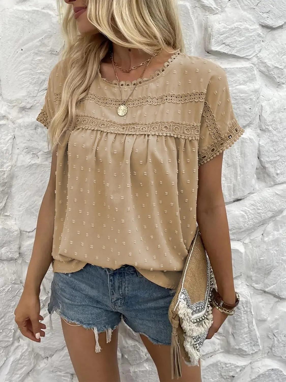 Poetsky Womens Summer Short Sleeve Lace Crochet Blouses Flowy Babydoll Dressy Casual Work Tops
