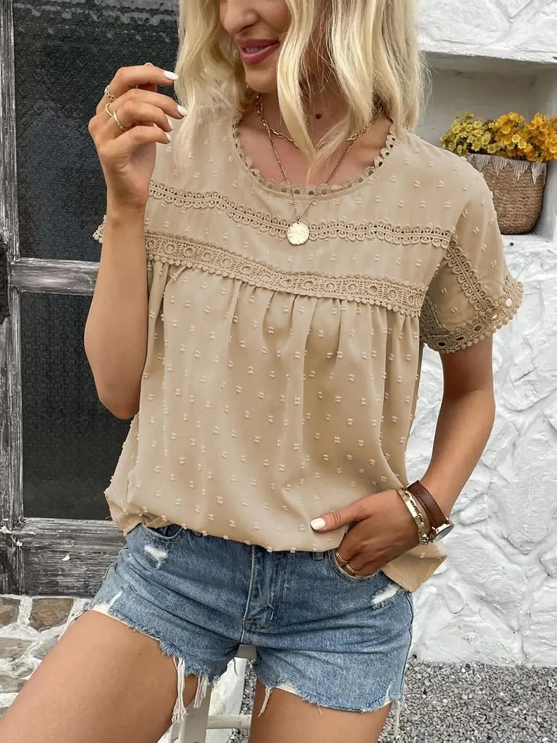 Poetsky Womens Summer Short Sleeve Lace Crochet Blouses Flowy Babydoll Dressy Casual Work Tops