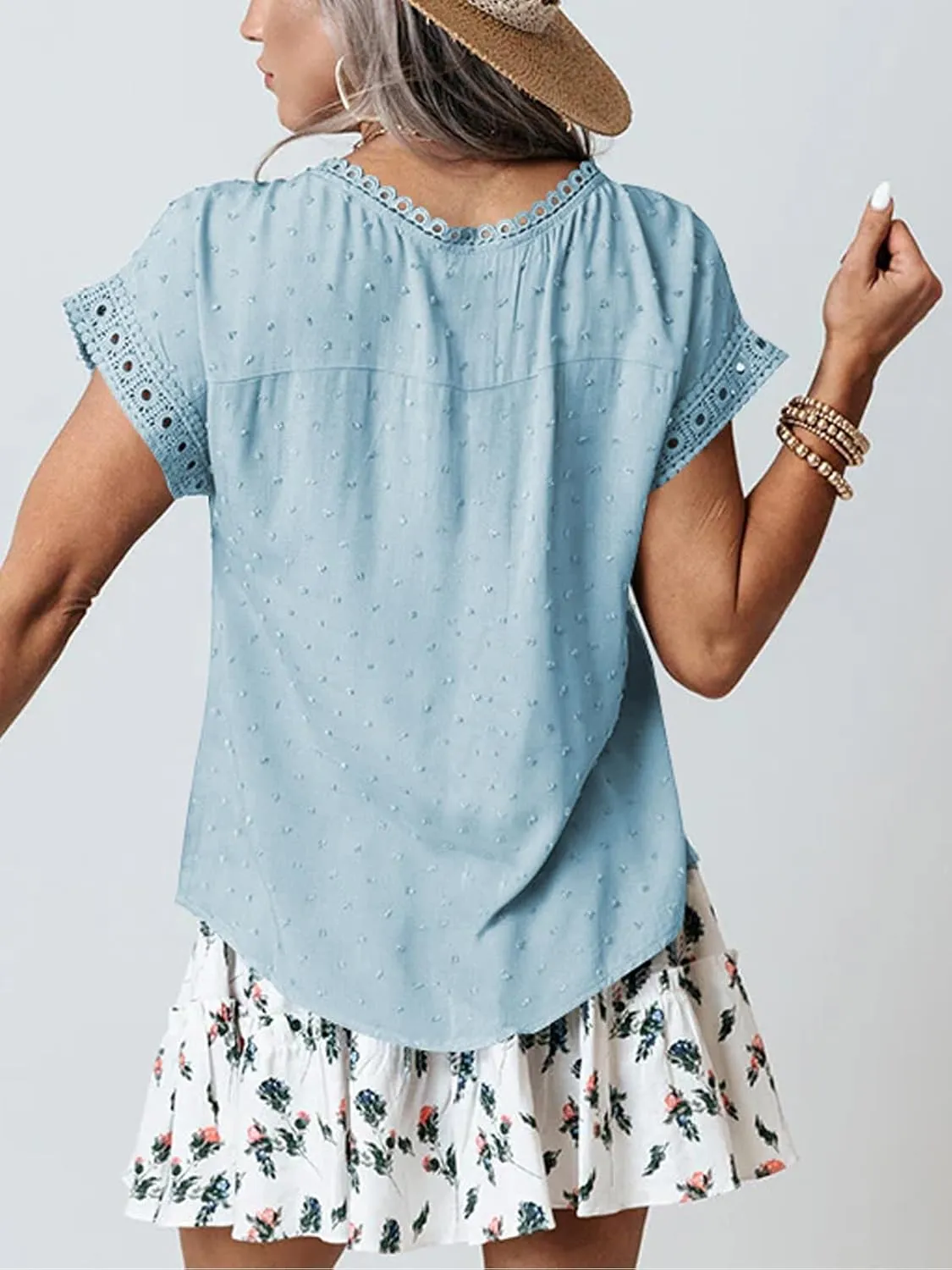 Poetsky Womens Summer Short Sleeve Lace Crochet Blouses Flowy Babydoll Dressy Casual Work Tops