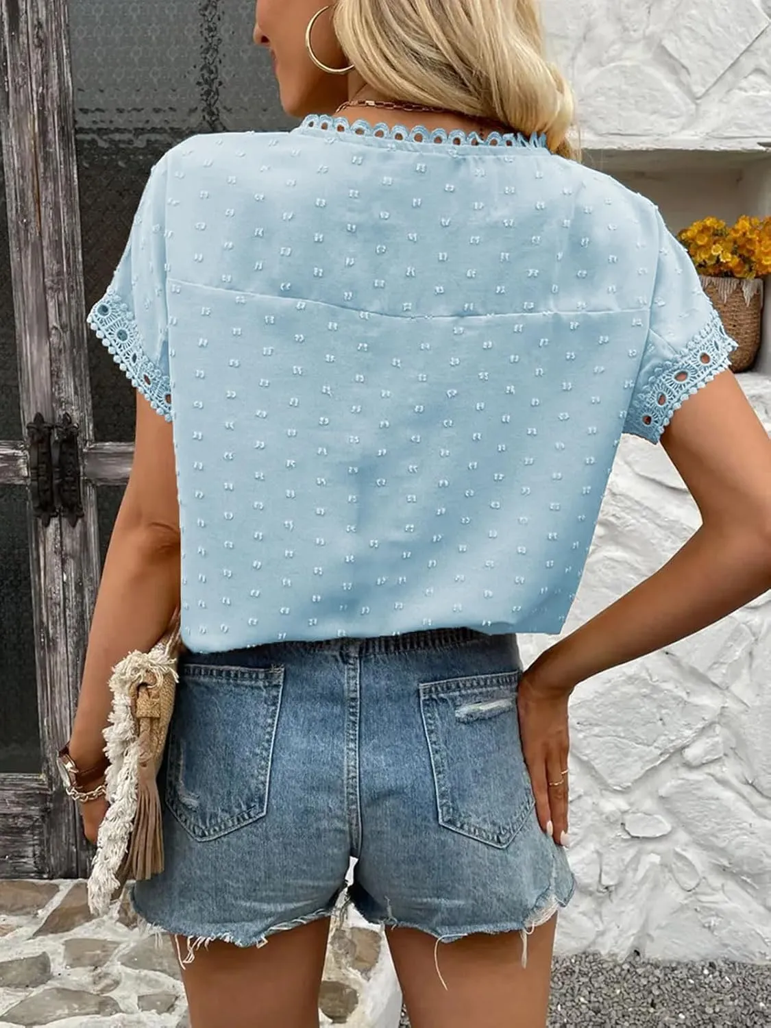 Poetsky Womens Summer Short Sleeve Lace Crochet Blouses Flowy Babydoll Dressy Casual Work Tops