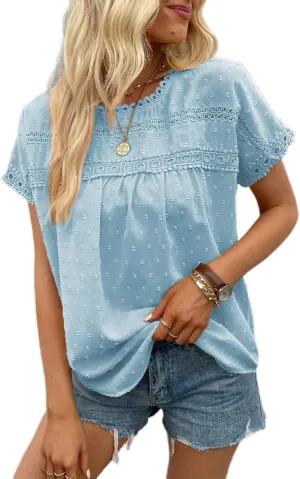 Poetsky Womens Summer Short Sleeve Lace Crochet Blouses Flowy Babydoll Dressy Casual Work Tops