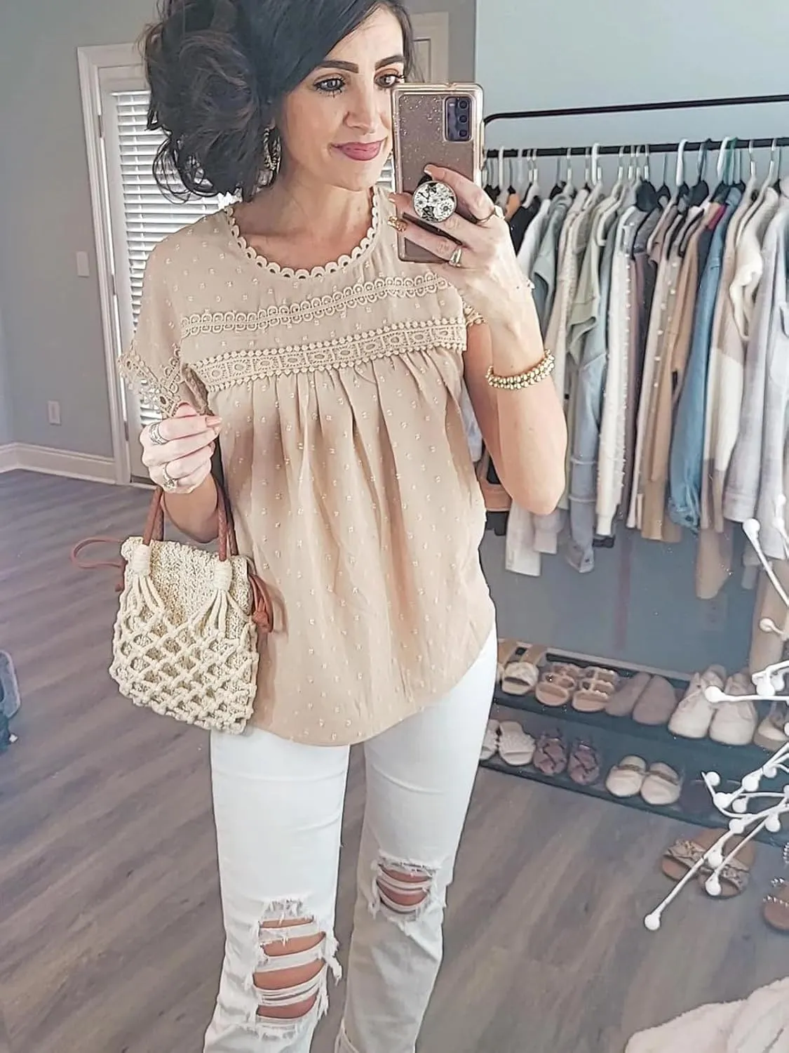 Poetsky Womens Summer Short Sleeve Lace Crochet Blouses Flowy Babydoll Dressy Casual Work Tops