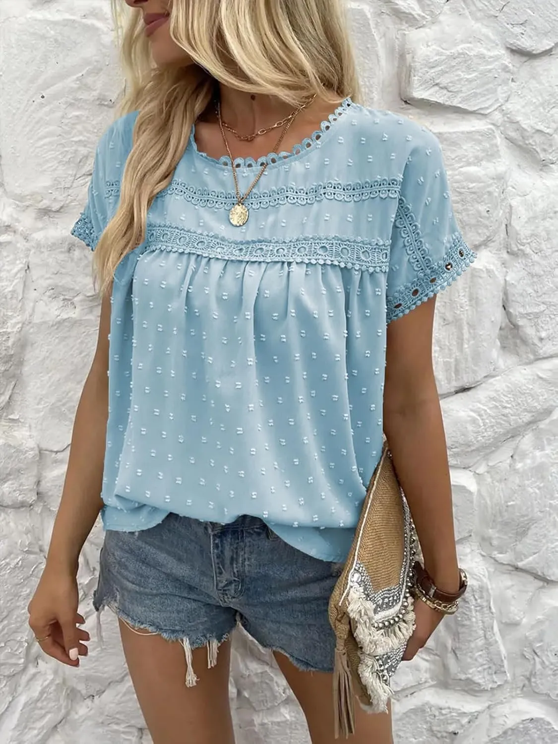 Poetsky Womens Summer Short Sleeve Lace Crochet Blouses Flowy Babydoll Dressy Casual Work Tops