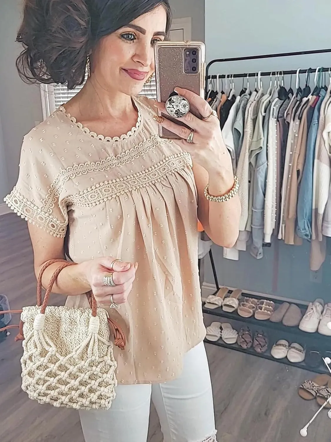 Poetsky Womens Summer Short Sleeve Lace Crochet Blouses Flowy Babydoll Dressy Casual Work Tops