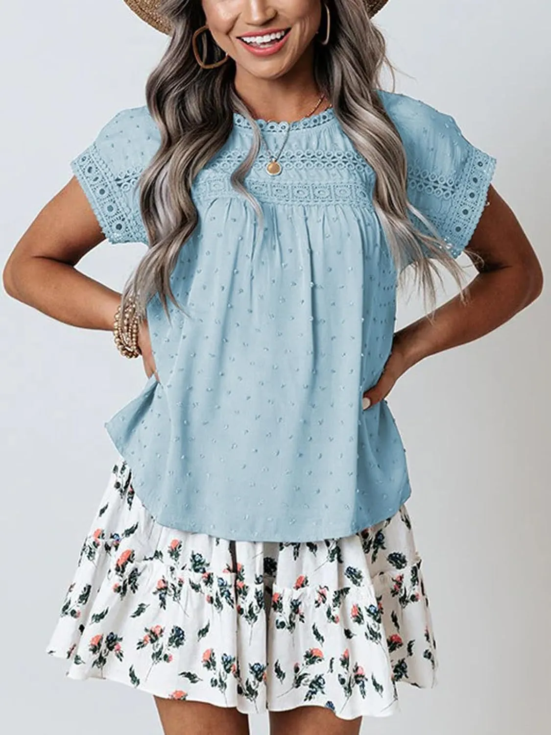 Poetsky Womens Summer Short Sleeve Lace Crochet Blouses Flowy Babydoll Dressy Casual Work Tops