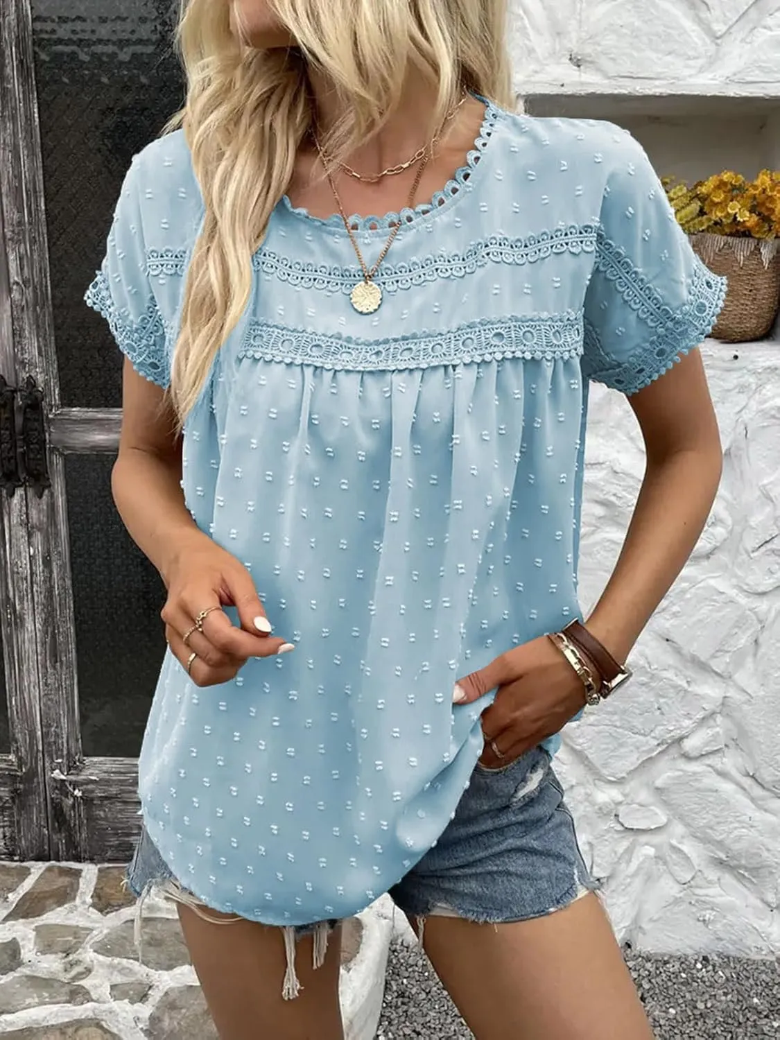 Poetsky Womens Summer Short Sleeve Lace Crochet Blouses Flowy Babydoll Dressy Casual Work Tops