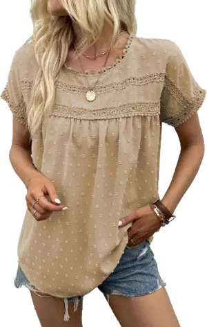 Poetsky Womens Summer Short Sleeve Lace Crochet Blouses Flowy Babydoll Dressy Casual Work Tops