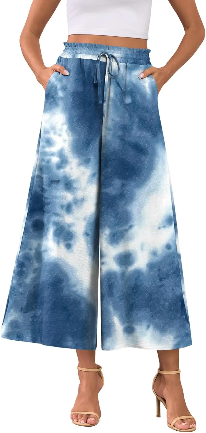 POPYOUNG Womens Capri Pants Wide Leg High Waisted Palazzo Lounge Pants Drawstring Casual Trousers with Pockets