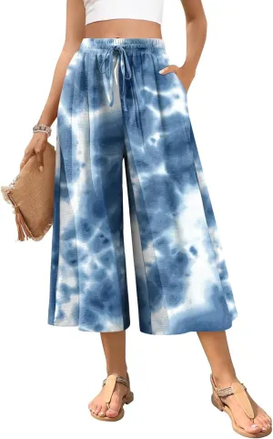 POPYOUNG Womens Capri Pants Wide Leg High Waisted Palazzo Lounge Pants Drawstring Casual Trousers with Pockets