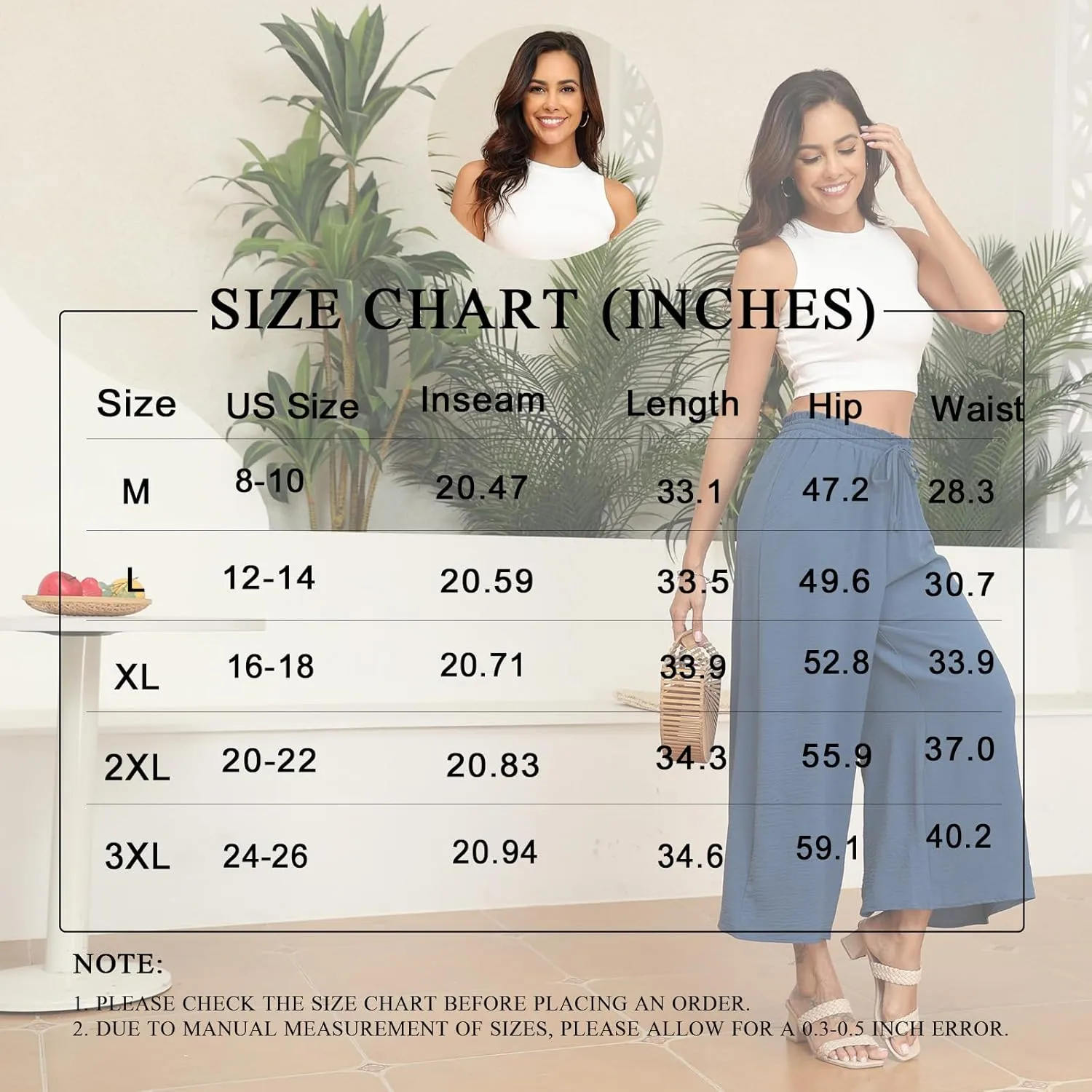 POPYOUNG Womens Capri Pants Wide Leg High Waisted Palazzo Lounge Pants Drawstring Casual Trousers with Pockets