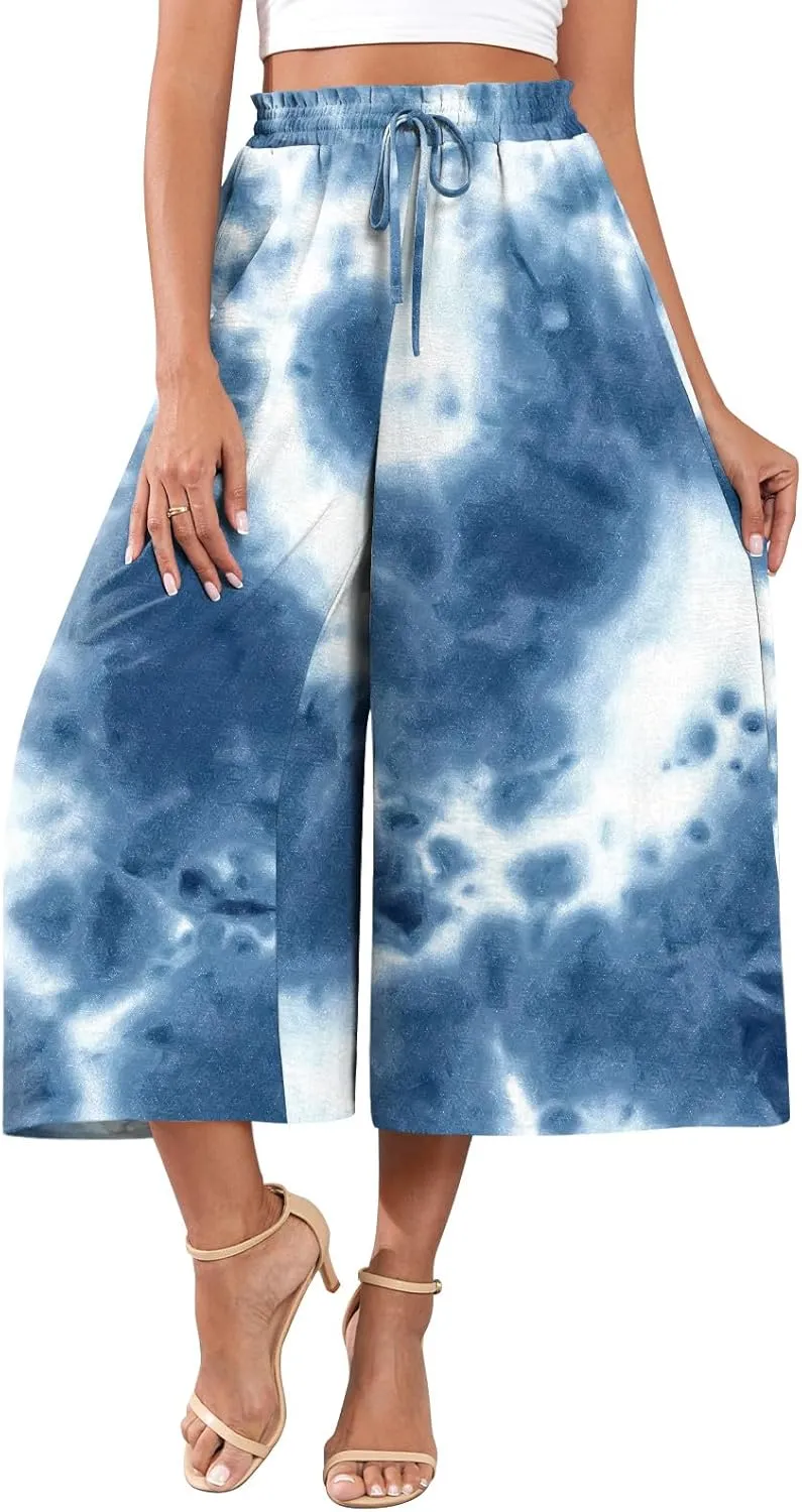 POPYOUNG Womens Capri Pants Wide Leg High Waisted Palazzo Lounge Pants Drawstring Casual Trousers with Pockets