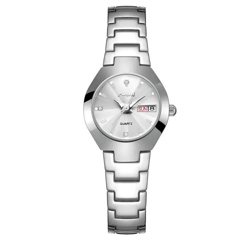 POSHI Women's Swiss Stainless Steel Watch: Elegant Date Display & Luminous Hands