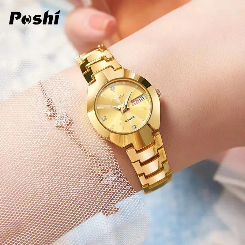 POSHI Women's Swiss Stainless Steel Watch: Elegant Date Display & Luminous Hands
