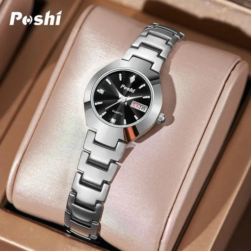 POSHI Women's Swiss Stainless Steel Watch: Elegant Date Display & Luminous Hands
