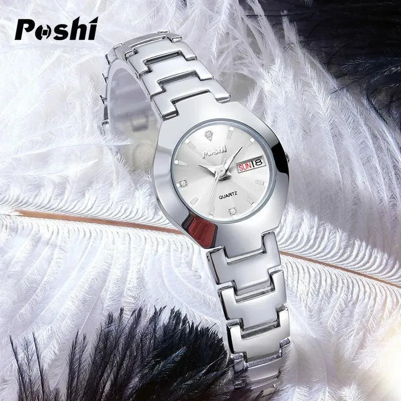 POSHI Women's Swiss Stainless Steel Watch: Elegant Date Display & Luminous Hands