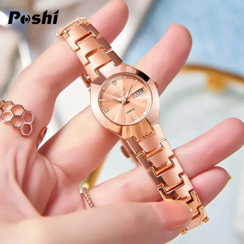POSHI Women's Swiss Stainless Steel Watch: Elegant Date Display & Luminous Hands