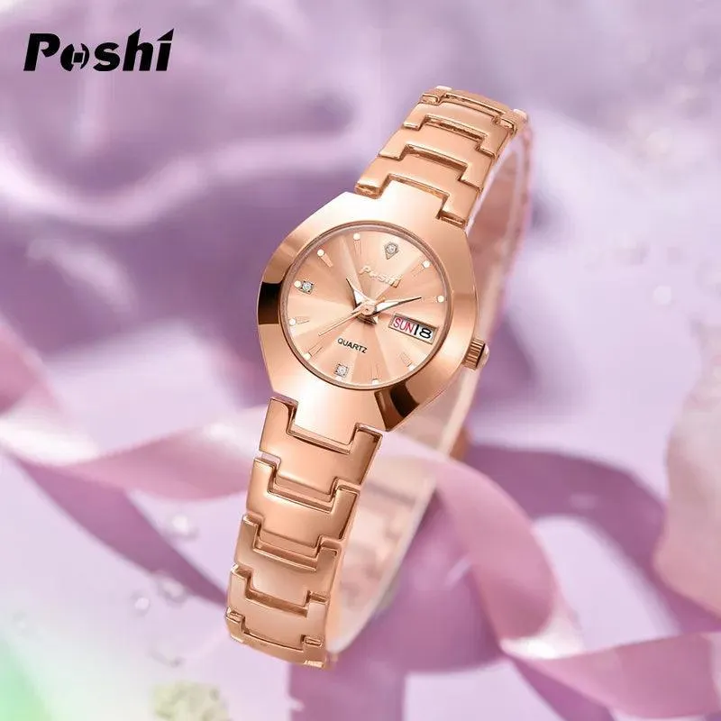 POSHI Women's Swiss Stainless Steel Watch: Elegant Date Display & Luminous Hands