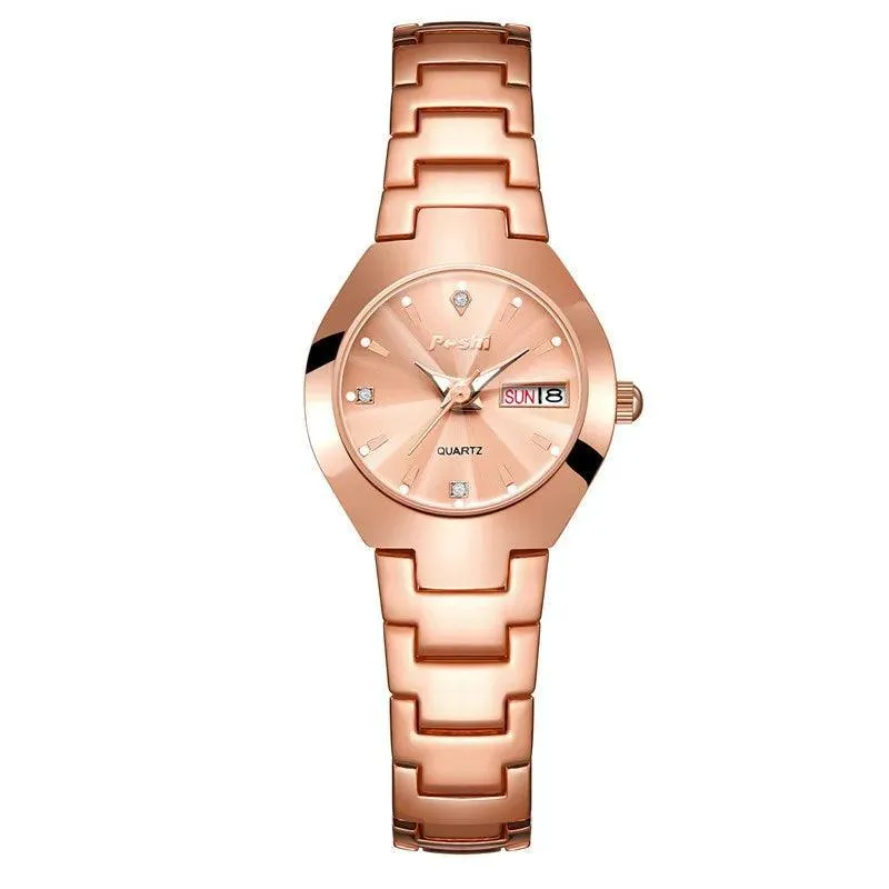 POSHI Women's Swiss Stainless Steel Watch: Elegant Date Display & Luminous Hands