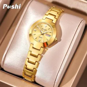 POSHI Women's Swiss Stainless Steel Watch: Elegant Date Display & Luminous Hands
