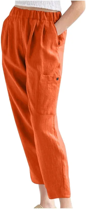 PTOLOCIF Cotton Linen Pants Women Summer Drawstring Waist Pants Wide Leg Loose Cotton Linen Palazzo Trousers with Pockets