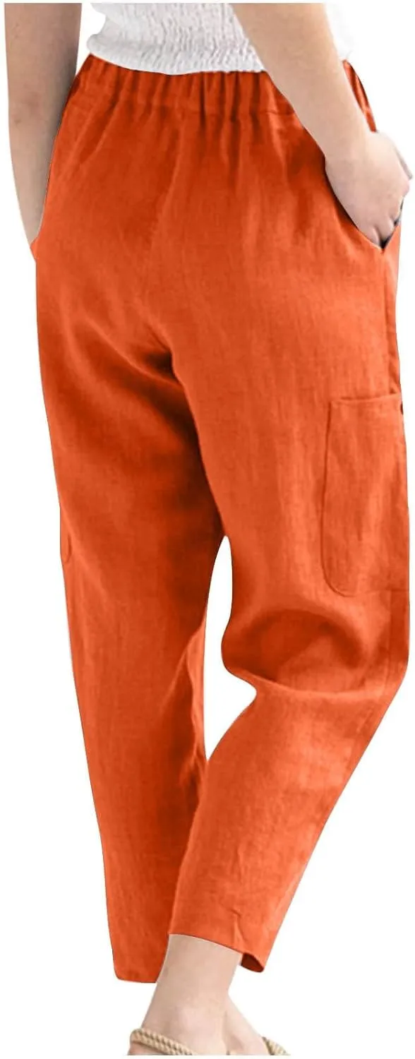 PTOLOCIF Cotton Linen Pants Women Summer Drawstring Waist Pants Wide Leg Loose Cotton Linen Palazzo Trousers with Pockets