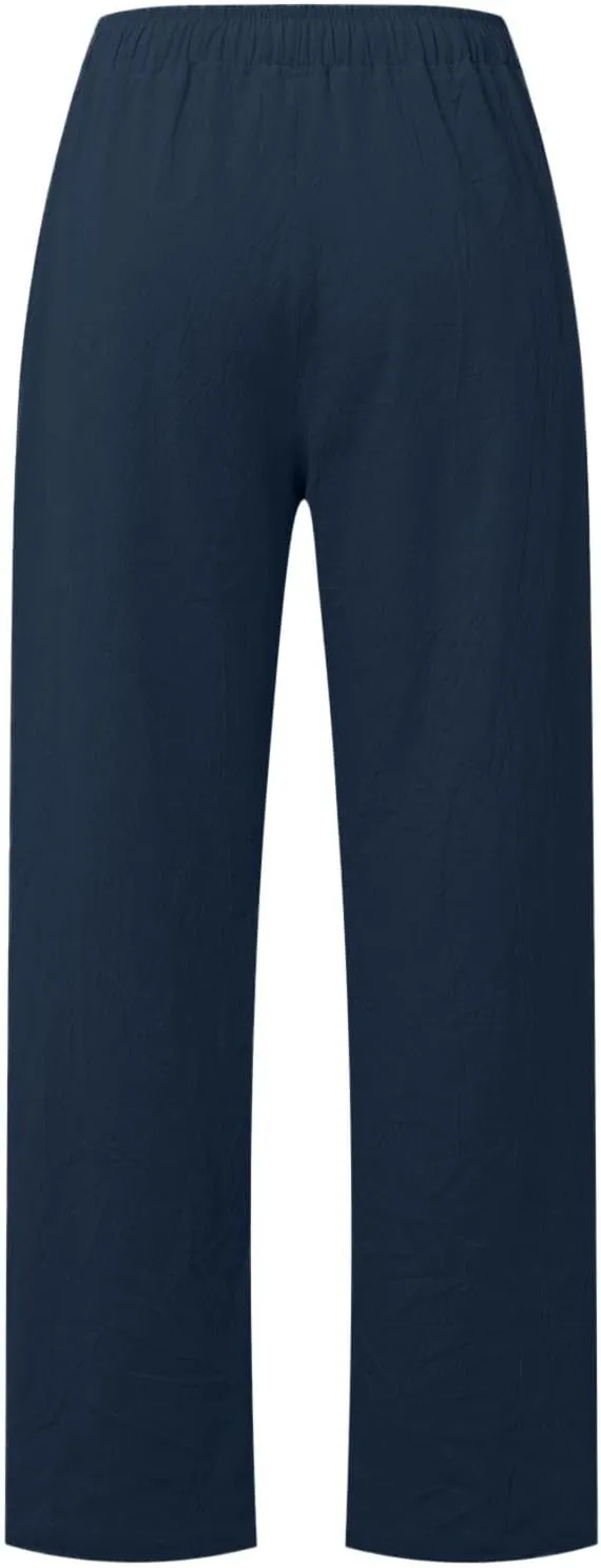 PTOLOCIF Cotton Linen Pants Women Wide Leg Casual Loose Pants High Waisted Drawstring Palazzo Capri Trousers with Pockets