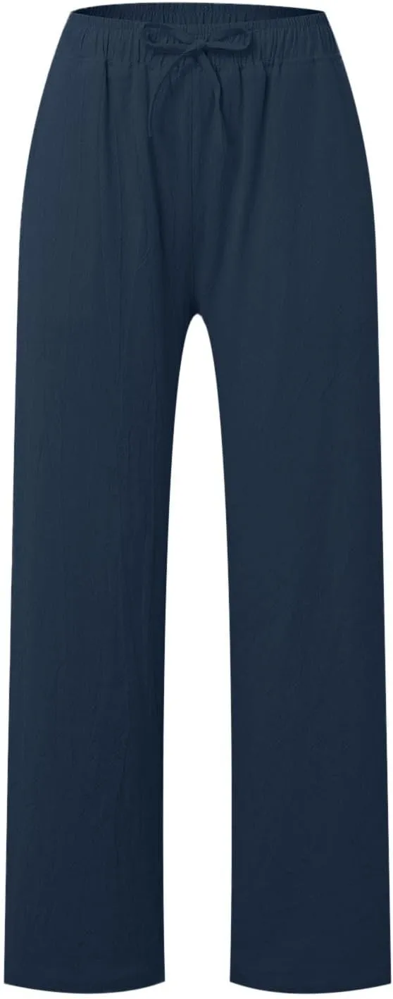 PTOLOCIF Cotton Linen Pants Women Wide Leg Casual Loose Pants High Waisted Drawstring Palazzo Capri Trousers with Pockets